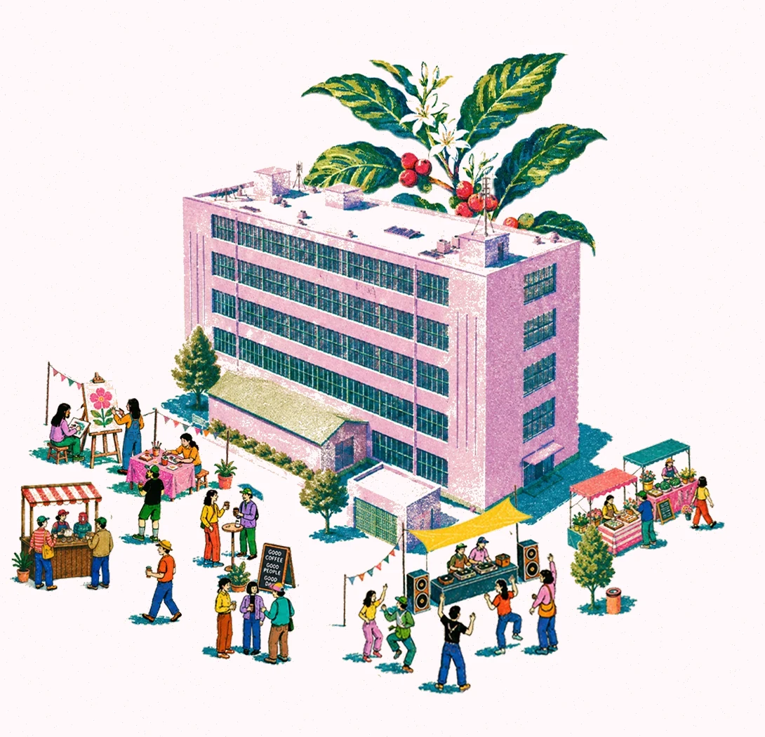 Isometric illustration of the festival: a pink factory building with a coffee plant growing from the roof, surrounded by market stalls, artists and people dancing